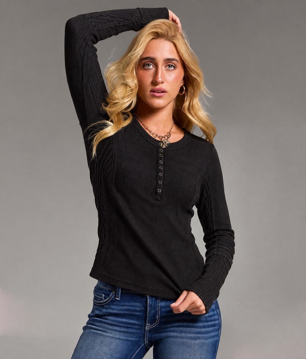 NWT BKE Black Ribbed Knit Long Sleeve Henley Top Snap Front Medium Boho Y2K